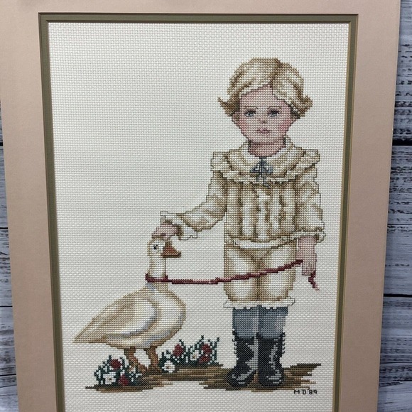 Vintage Finished Cross Stitch English Victorian Boy w/ Duck 1989 16x12" Nursery - Picture 3 of 16